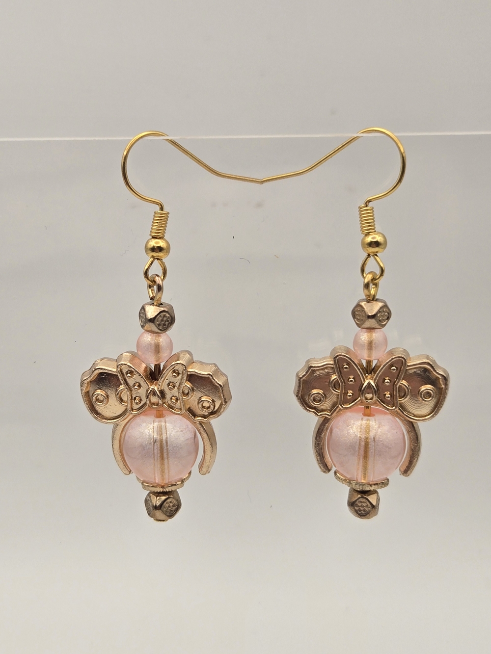Gold-Tone Minnie Headband Drop Earrings with Pink Beads